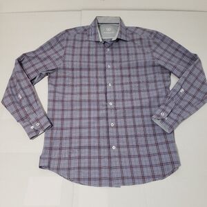 Bugatchi Long sleeve dress shirt mens large tartan plaid blue stripes